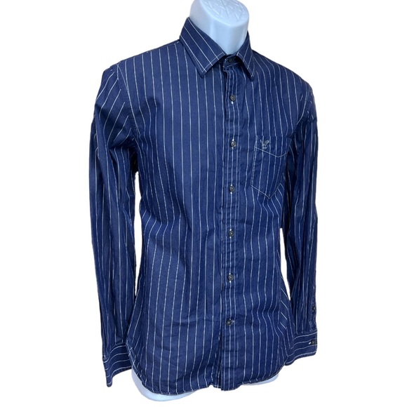 Sz M American Eagle Vintage Fit Blue White Striped Long Sleeve Button Down - Picture 4 of 6